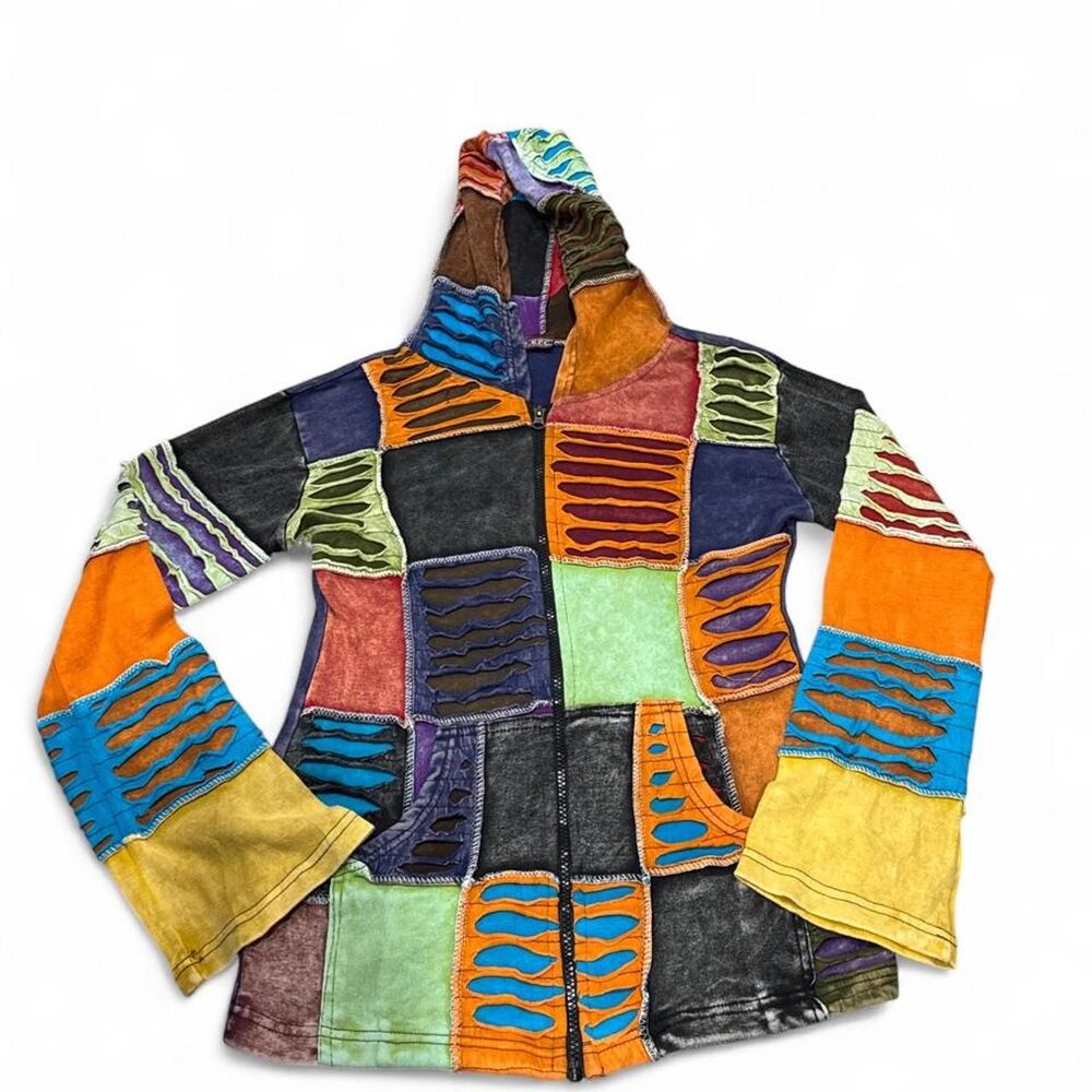 90s patchwork hippie jacket with hood